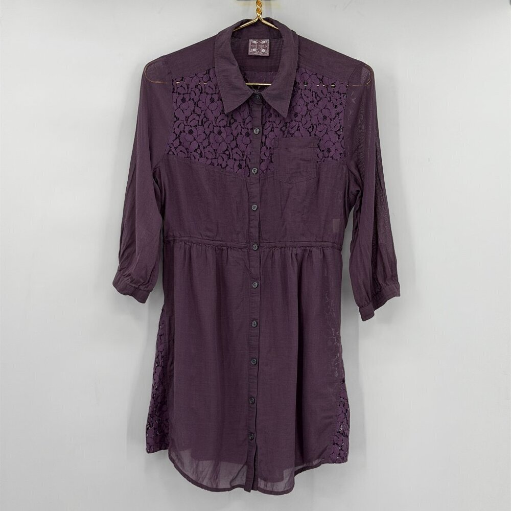 Free People Purple Lace Button Front Tunic Dress Size 10 Boho Sheer
